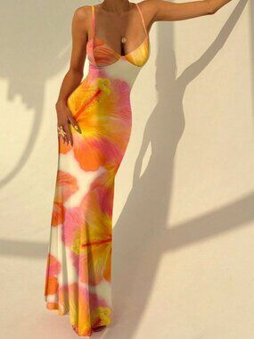 Multicolor Elegant Women's Sexy Hibiscus Print Vacation Dress